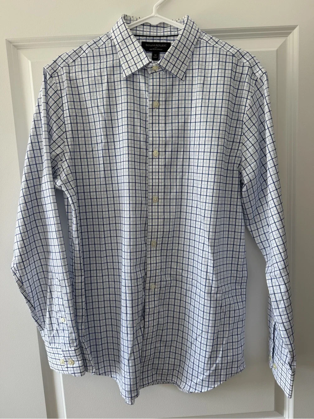 Banana Republic Men’s White and Blue Windowpane Dress Shirt